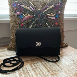 Chic Black w/Rhinestones Clutch with Long Lightweight Braided Corded Strap